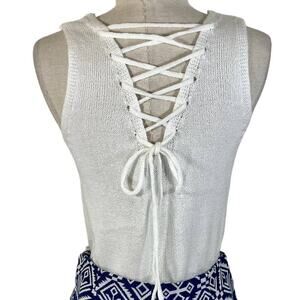 White lace up tank sweater, ladies size small sleeveless scoop neck V-back